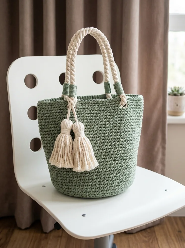 Cabas d'Été Vert Sauge à Pompons