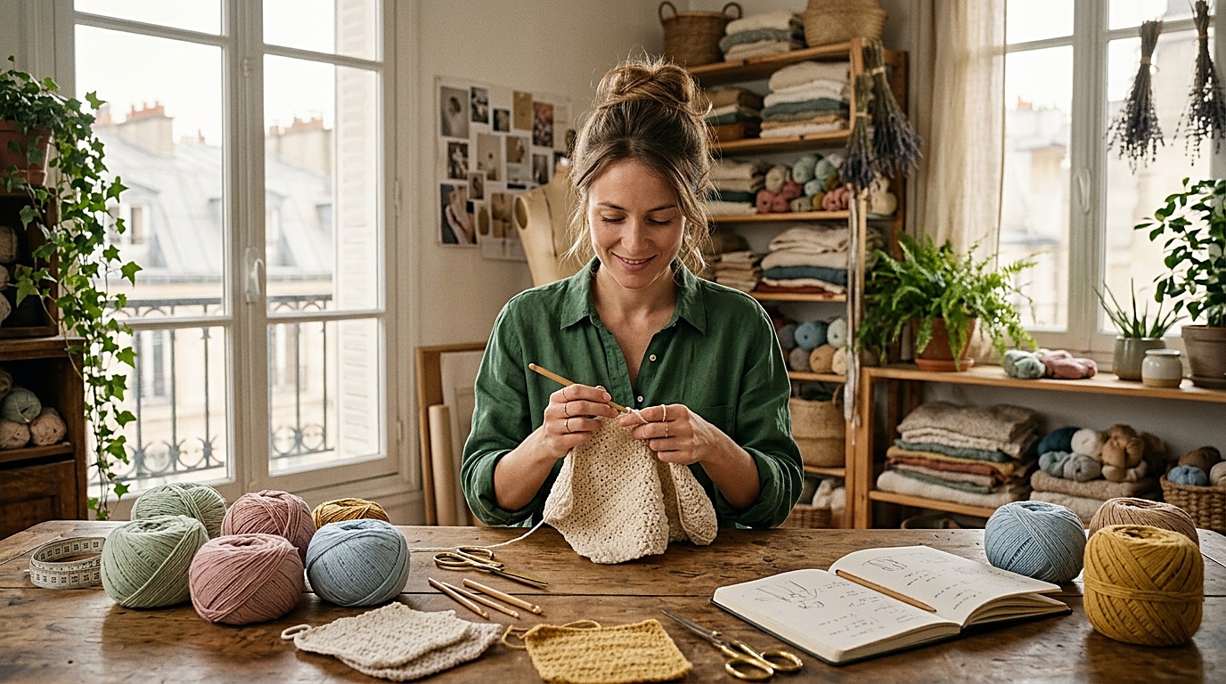 Camille Laurent dans son atelier parisien de création textile Crochet Joli