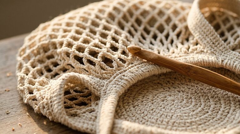 Gros plan macro sac filet au crochet en coton