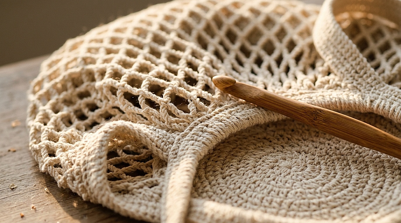 Gros plan macro du point filet au crochet sur cabas en coton naturel